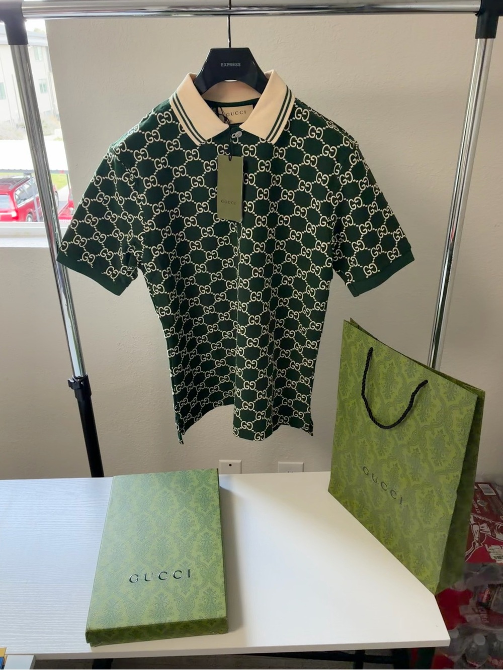Gucci Green GG Monogram Polo with Cream Collar